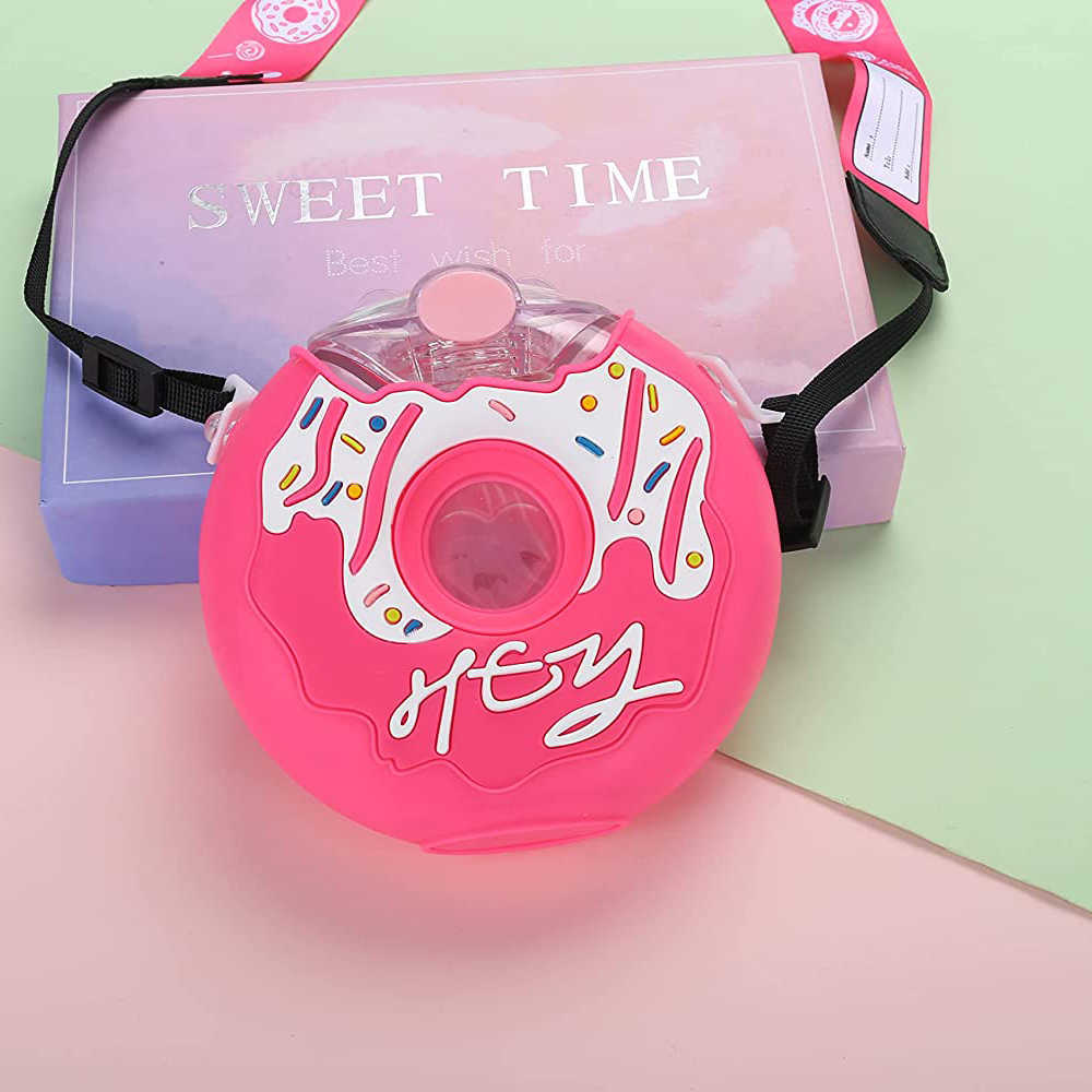 380ml Donut Water Bottle with Straw Bpa Free Leak Proof Sports Cups Toddler Drink Bottle with Shoulder Straps