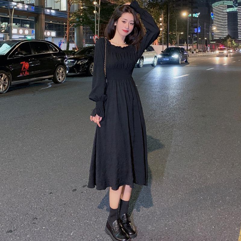 Casual Dresses HOUZHOU White Elegant Dress Women Square Collar Long Sleeve Dresses Vintage Autumn Fairy Robe Korean Fashion Outfits 230509