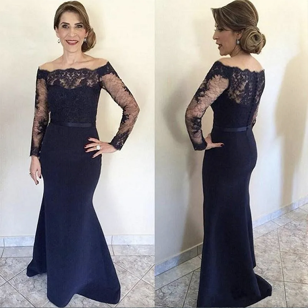 Navy Blue Mermaid Mother Of The Bride Dresses with Long Sleeves Off Shoulder Applique Lace Formal Evening Gowns Women Mother's Dress
Navy Blue Mermaid Mother Of The Bride Dresses with Long Sleeves Off Shoulder Applique Lace Formal Evening Gowns Women Mother's Dress