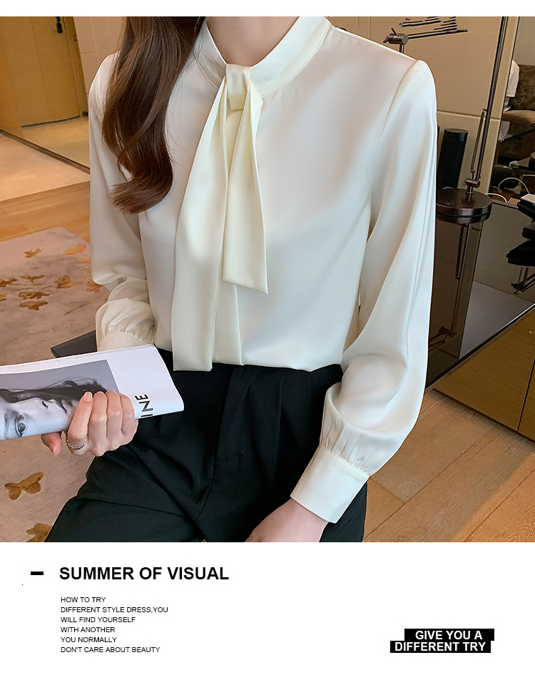 Womens Blouses Shirts Summer Shirt Women Blouse Long Sleeve Top Satin Casual Fashion Ribbon Bow Lady Clothing Movafag 230509