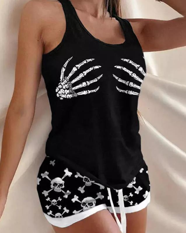 Women's Sleepwear Women Pajamas 2 Pieces Halloween Skull Hands Print Casual UNeck Sleeveless Top Drawstring Above Knee Set Summer 230508
Women's Sleepwear Women Pajamas 2 Pieces Halloween Skull Hands Print Casual UNeck Sleeveless Top Drawstring Above Knee Set Summer 230508