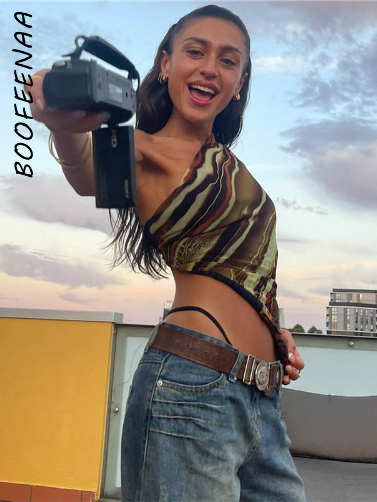 Women's Tanks Camis BOOFEENAA Abstract Print Tank Tops Y2k Tees Summer Clothing for Women Trendy Sexy Asymmetric One Shoulder Crop Top C83-AF11 2