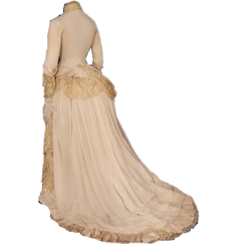Vintage Victorian Prom Dresses Kahki Champagne Bustle Lace Pleats Long Sleeves Formal Evening Gowns For Women Medieval Cosplay Outfit 2023