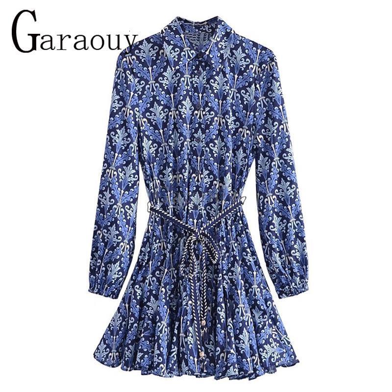 Casual Dresses Garaouy Summer Women Long Sleeve Belt Shirt Dress Floral Print Bohemian Ruffles Lapel Female Mini Sundress Mujer 230509