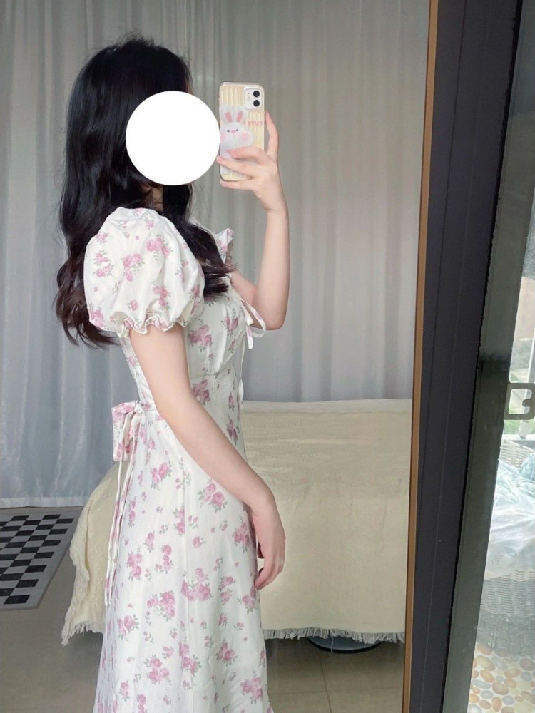 Casual Dresses Short Sleeve Dresses Women Floral Mid-calf Drawstring Lovely Temperament Females Vintage Sweet High Waist Korean 230509