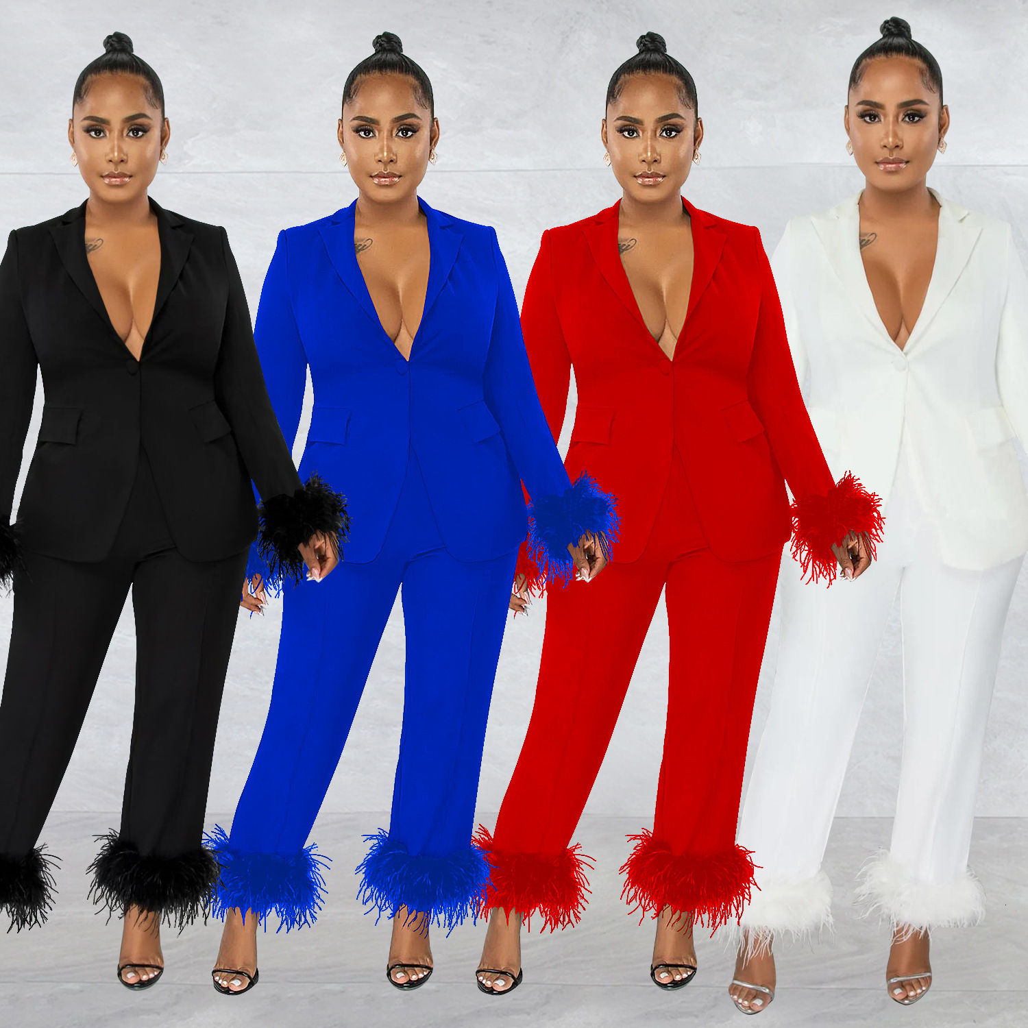 Women's Two Piece Pants Fashion Feather Blazer Set Women Solid Color Long Sleeve Coat Straight Suits Female Office Commute Suit 230314