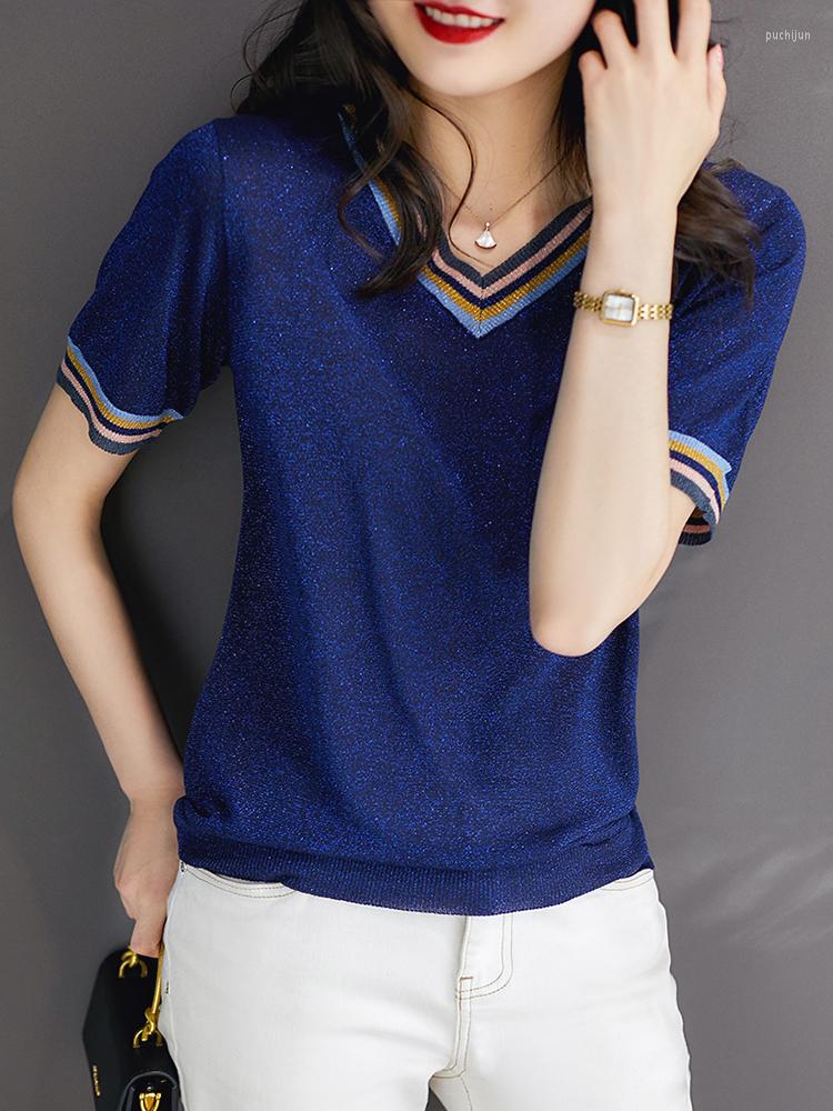 Women's T Shirts Bright Silk Knitted Shirt Women Clothes Short Sleeve Tee Femme Summer Korean Fashion Womens Tops Tshirt Camisetas Mujer, Blue
Women's T Shirts Bright Silk Knitted Shirt Women Clothes Short Sleeve Tee Femme Summer Korean Fashion Womens Tops Tshirt Camisetas Mujer, Blue