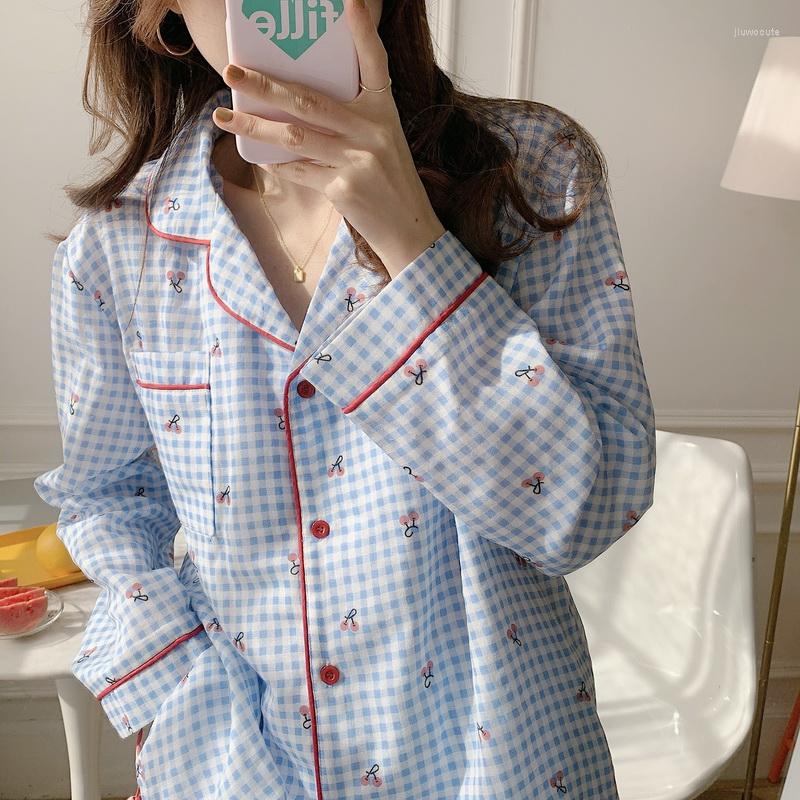 Women's Sleepwear Spring Home Suit Women Single Breasted Shirts Pants Set Pockets Loose Cherry Print Lace Soft Clothes, Blue
Women's Sleepwear Spring Home Suit Women Single Breasted Shirts Pants Set Pockets Loose Cherry Print Lace Soft Clothes, Blue