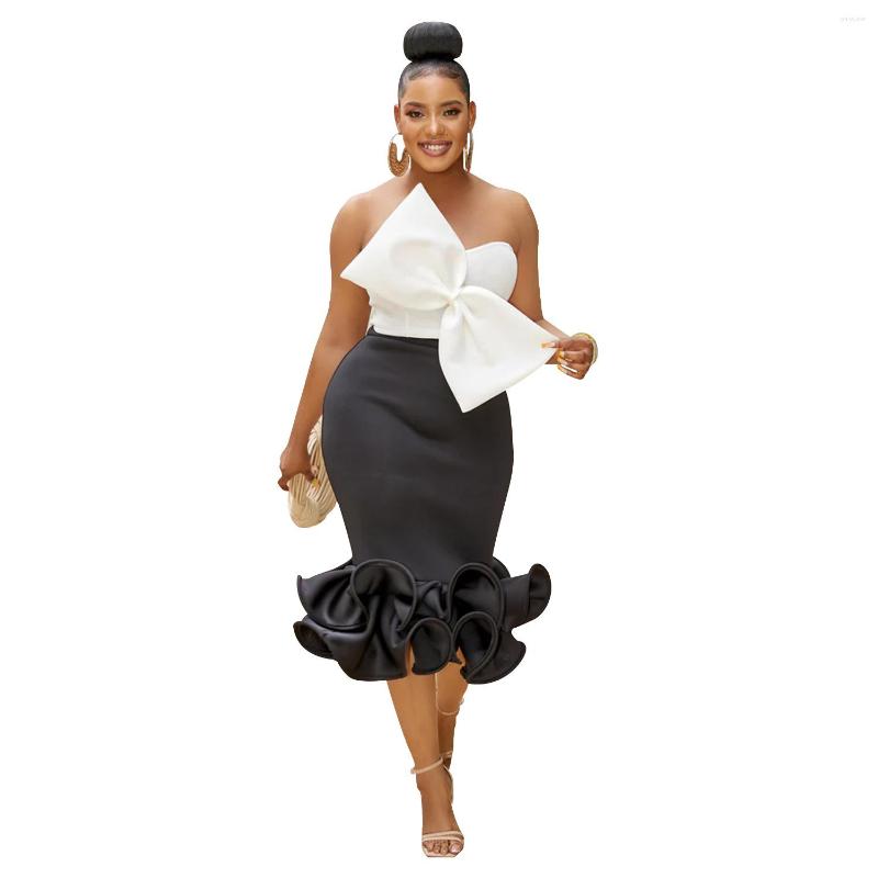 Work Dresses Women Ruffles Appliques Strapless Irregular Bow Crop Tops Bodycon Skirts Two Piece Sets Vestidos Club Party Evening