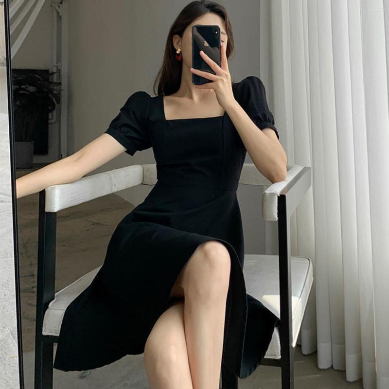 

Party Dresses Hepburn Style Square Neck Temperament Dress Summer Women' French Retro High Waist Slim Mid-length Little Black Women, Black short 1