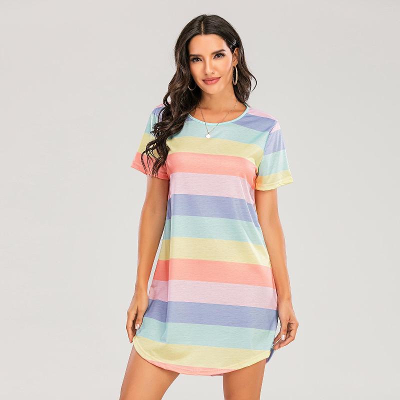 Party Dresses Summer O-neck Short-sleeve T-shirt Dress For Women Fashion Rainbow Stripe Loose Knee-length Women's Casual 2023, Sky blue
Party Dresses Summer O-neck Short-sleeve T-shirt Dress For Women Fashion Rainbow Stripe Loose Knee-length Women's Casual 2023, Sky blue