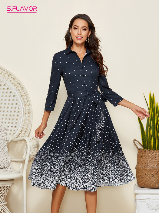 Casual Dresses S.FLAVOR Single Button Star Print Gradual Midi Dresses For Women Elegant 3/4 Sleeve Slim Retro A-line Vestidos 230509