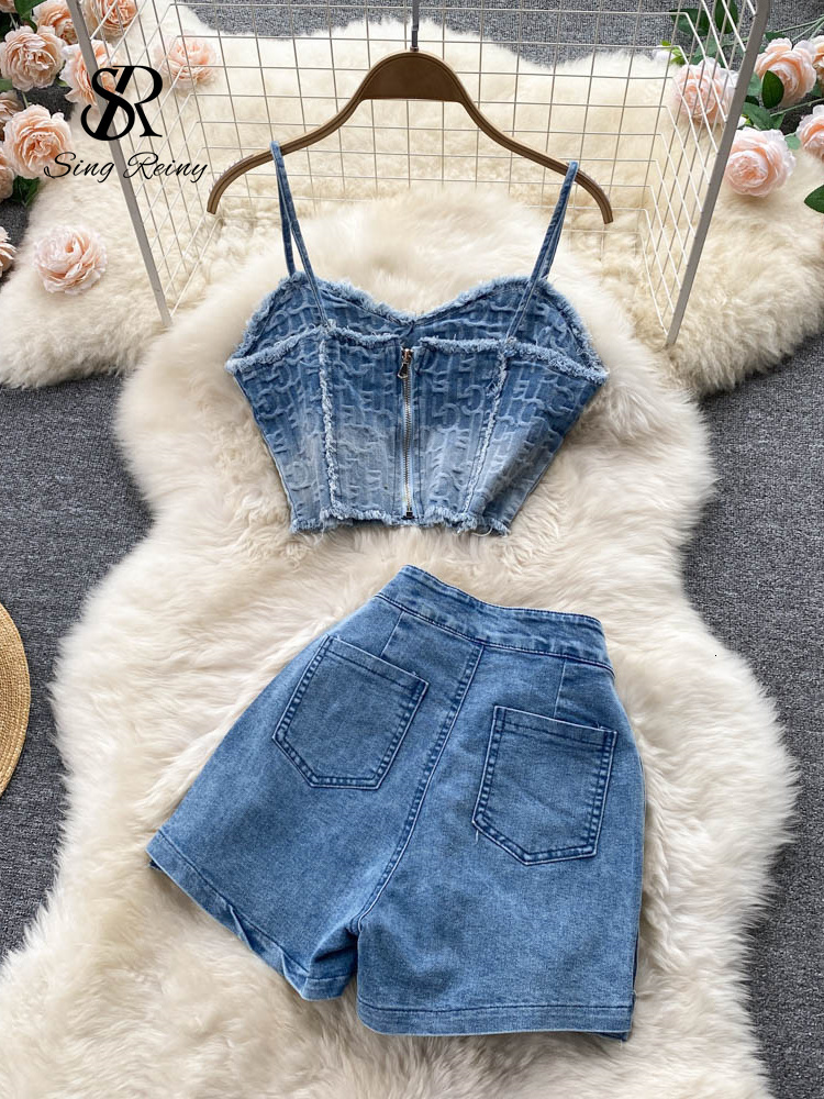 Two Piece Dress SINGREINY Women Summer Sexy Denim Set Strapless Sling Zipper n Tops Short Button Mini Skirt Jeans Suits 230509