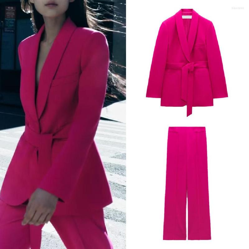 Women's Two Piece Pants COS LRIS 2023 Suit Temperament With Waist Collar Jacket 2225483 Vertical Straight High Trousers 2216483, Rose red