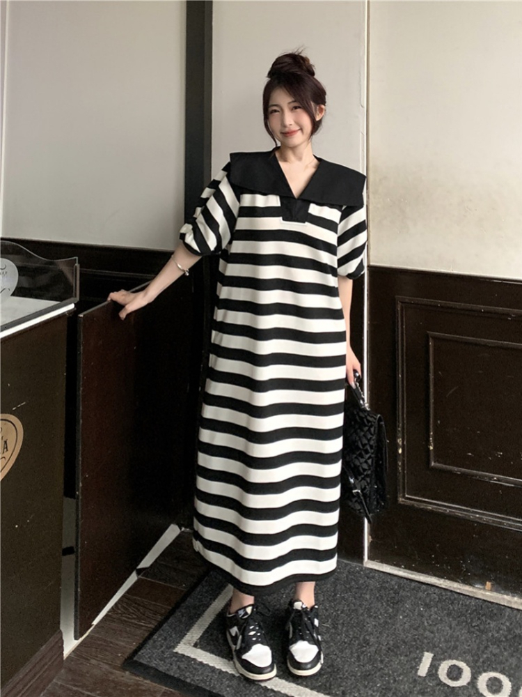 Casual Dresses Korejpaa Casual Striped Sailor Collar Dresses Summer Korean Fashion Loose Waist Women Clothing Short Sleeve Vestidos Femme 230509