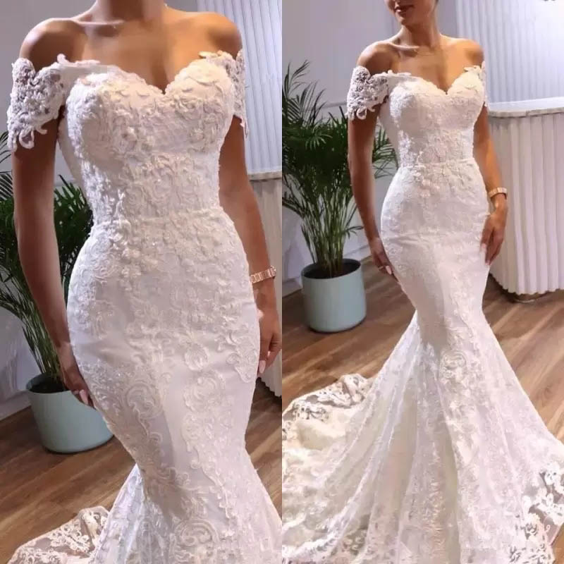 Arabic Luxurious Beads Mermaid Wedding Dresses With Short Sleeve Off Shoulder Moden Large Lace Bridal Wedding Gown Women Dress, Ivory
Arabic Luxurious Beads Mermaid Wedding Dresses With Short Sleeve Off Shoulder Moden Large Lace Bridal Wedding Gown Women Dress, Ivory