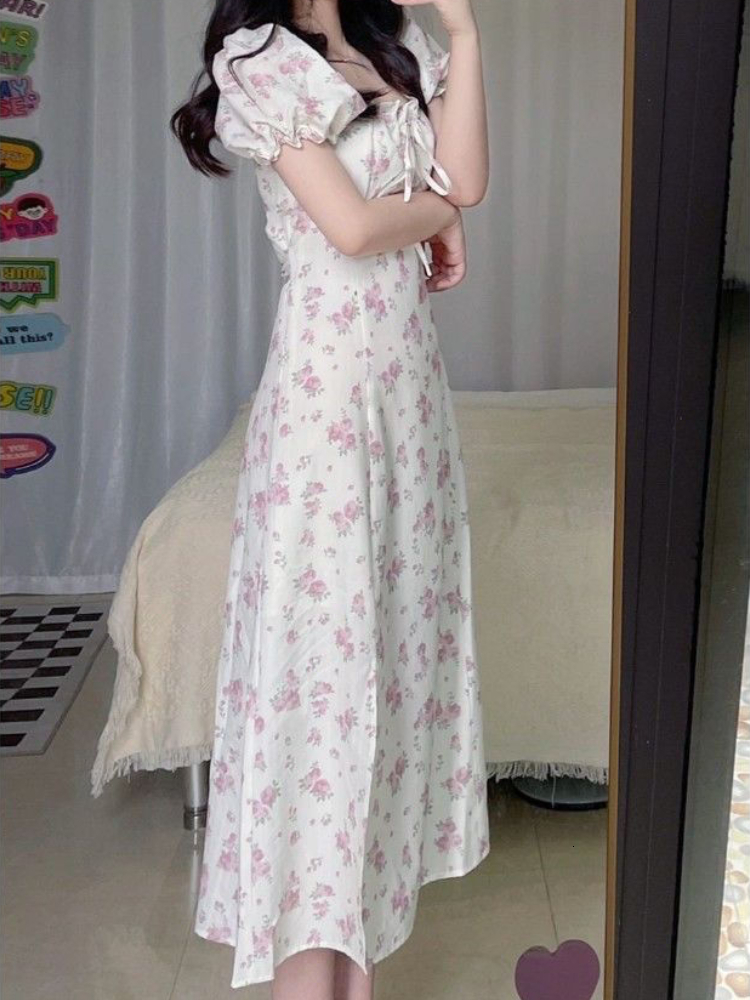 Casual Dresses Short Sleeve Dresses Women Floral Mid-calf Drawstring Lovely Temperament Females Vintage Sweet High Waist Korean 230509