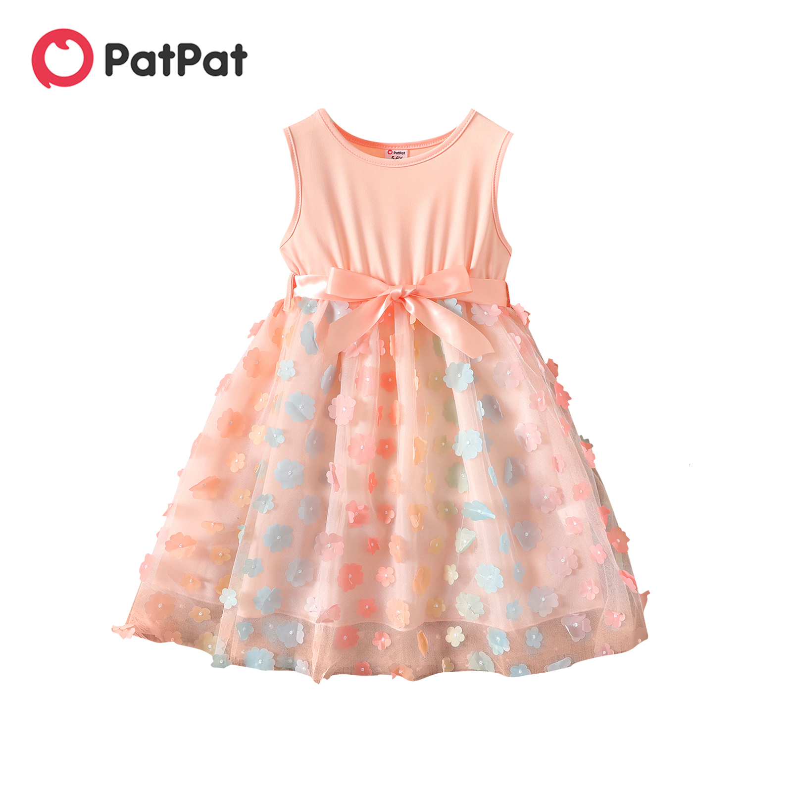 

Girl s Dresses PatPat Kid Girl 3D Floral Design Mesh Splice Belted Sleeveless Dress 230508, Pink