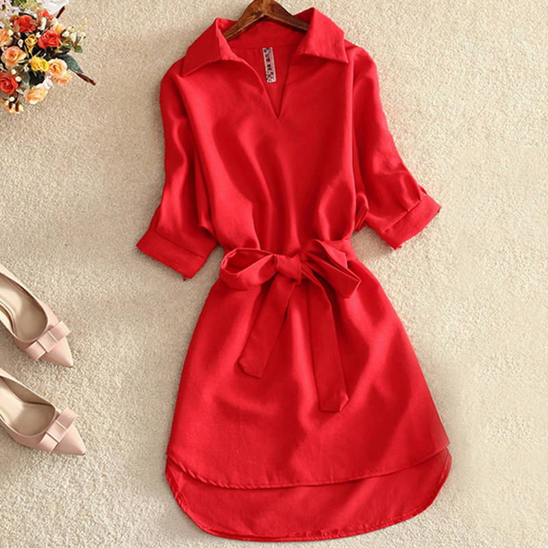 Casual Dresses Casual Tunic Shirt Dress Woman Solid Dress Summer Office Lady Chiffon Blouse Dress Short Sleeve Sashes Dress Fashion Vestidos 230509