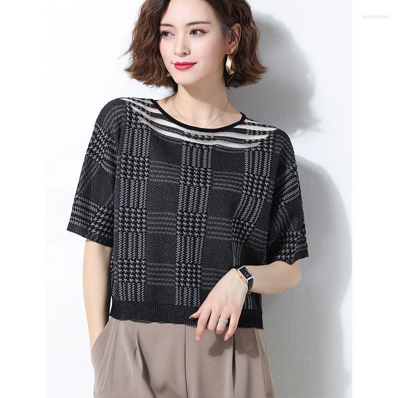 

Women's Blouses Elegant O-Neck Spliced Gauze Loose Hollow Out Blouse Women's Clothing 2023 Summer Casual Pullovers Office Lady Shirt, Gray