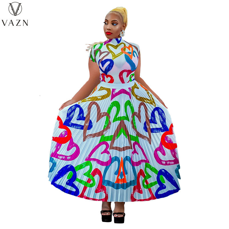 Two Piece Dress VAZN Casual Holiday Style Short Sleeve Round Neck Top Elastic Ankle Length Skirt Printed Lady 2 Piece Sets 230509