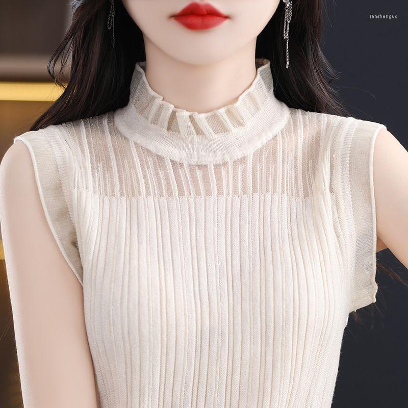 

Women's Blouses Fashion Loose Spliced Gauze Ruffles Lace Blouse Female Clothing 2023 Summer Casual Pullovers Sleeveless Office Lady Shirt, Beige