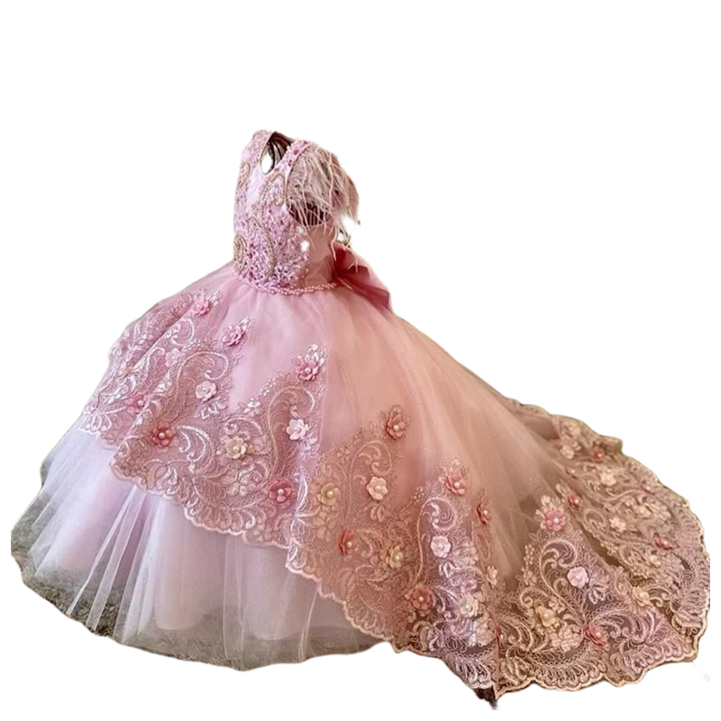 Pink Little Girls Pageant Dresses 3D Floral Appliques Lace Tulle Princess Flower Girl Dress Crew Neck Feathers Sleeveless Long Wedding Party Gowns For