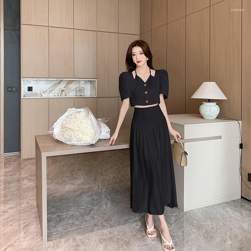 Work Dresses Small Fragrant French Halter Puff Sleeve Single Breasted Shirt High Waist Midi Length Skirt Two Piece Set Women Outfit