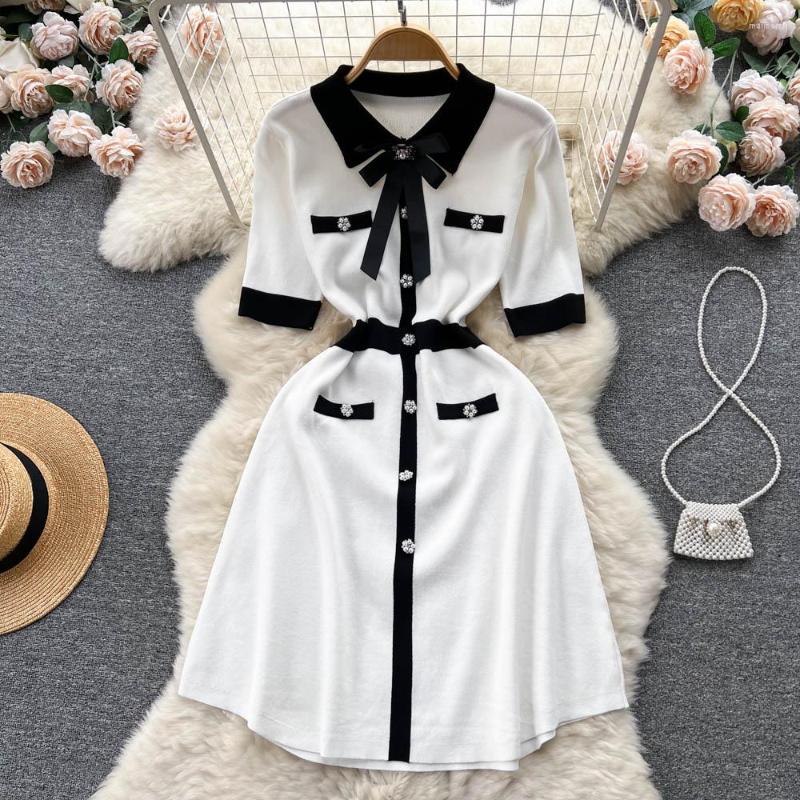 Party Dresses Hepburn Polo Neck Bow Summer Contrast Knit Ice Silk Short Sleeve Dress, Black
Party Dresses Hepburn Polo Neck Bow Summer Contrast Knit Ice Silk Short Sleeve Dress, Black