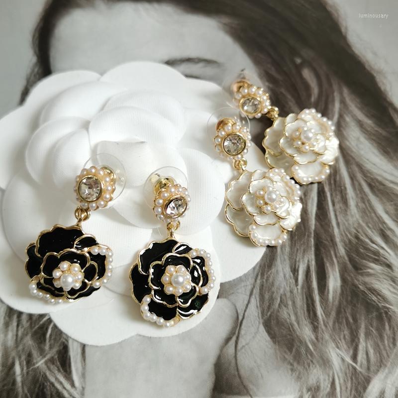 Dangle Earrings Pearl Inlaid Crystal Camellia Retro High-grade