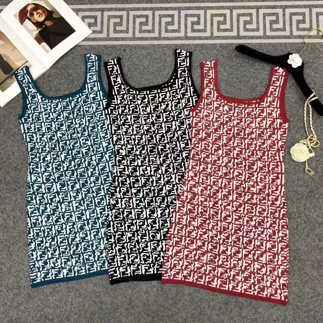 Luxury brand designer dress letter jacquard sexy slim knit sleeveless tank top dress short mini skirt American womens clothing s-m