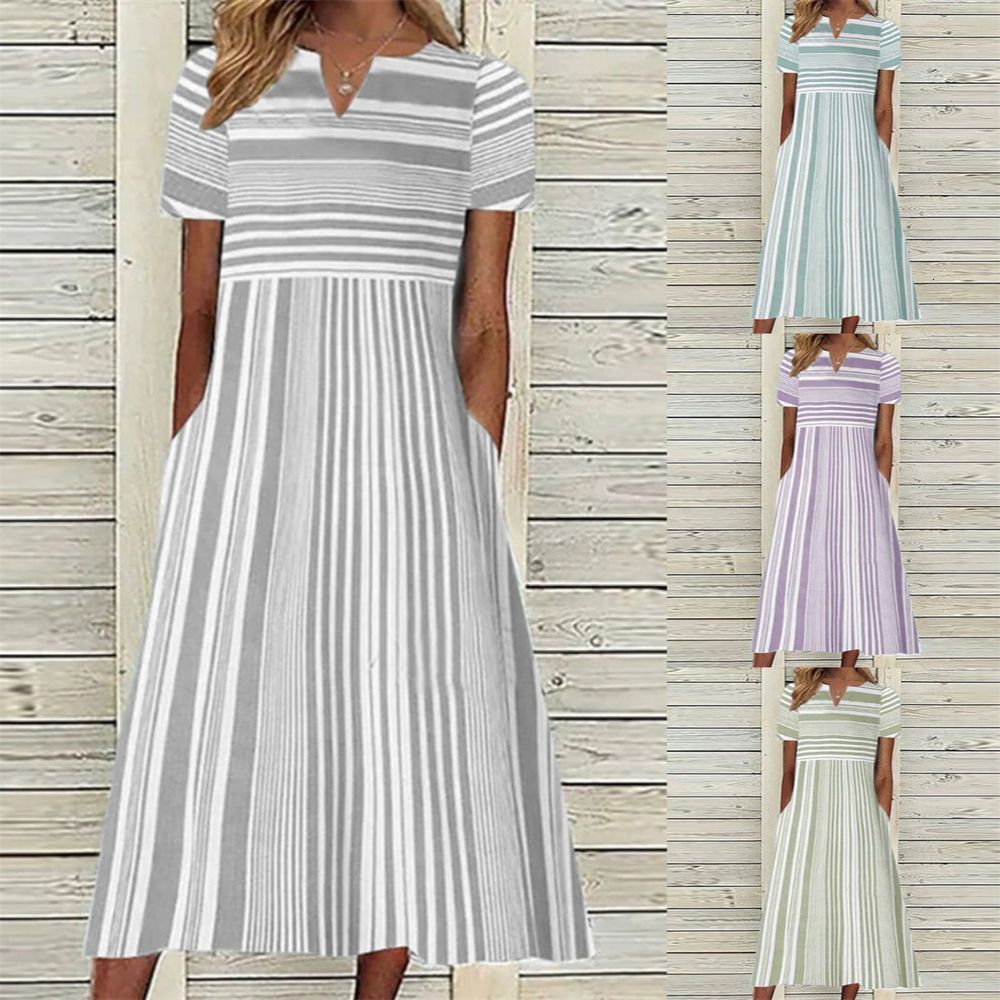 Casual Dresses Vintage Boho Stripe Print Women Sundress Summer Fashion V-Neck Short Sleeve Dress Elegant Ladies Midi Dress Femme Vestidos 230509
