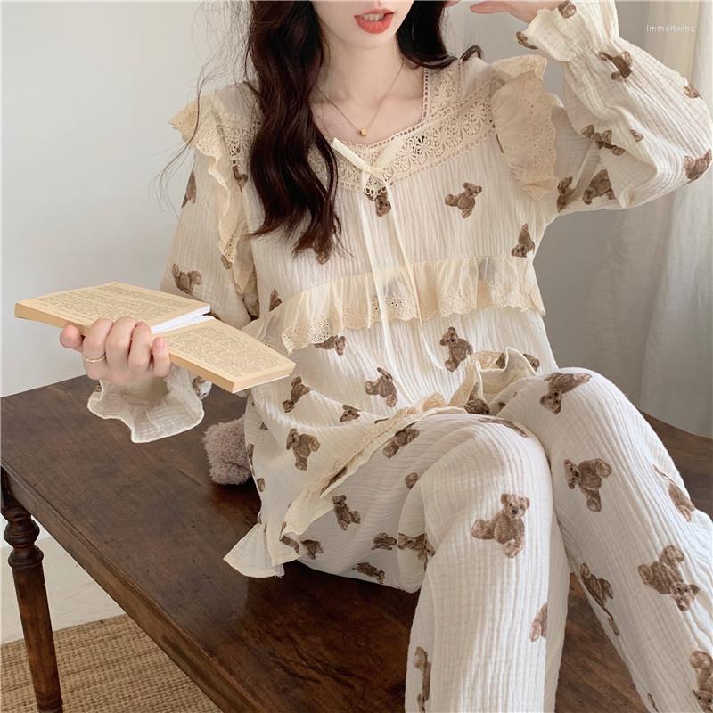 Women's Sleepwear Cotton Yarn Square Neck Cartoon Bear Pajamas Women's Lace Ruffles Comfortable Home Clothes Long-sleeve Trousers, Beige
Women's Sleepwear Cotton Yarn Square Neck Cartoon Bear Pajamas Women's Lace Ruffles Comfortable Home Clothes Long-sleeve Trousers, Beige