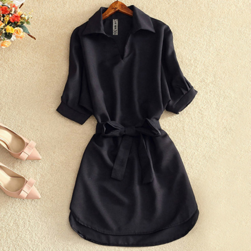 Casual Dresses Casual Tunic Shirt Dress Woman Solid Dress Summer Office Lady Chiffon Blouse Dress Short Sleeve Sashes Dress Fashion Vestidos 230509