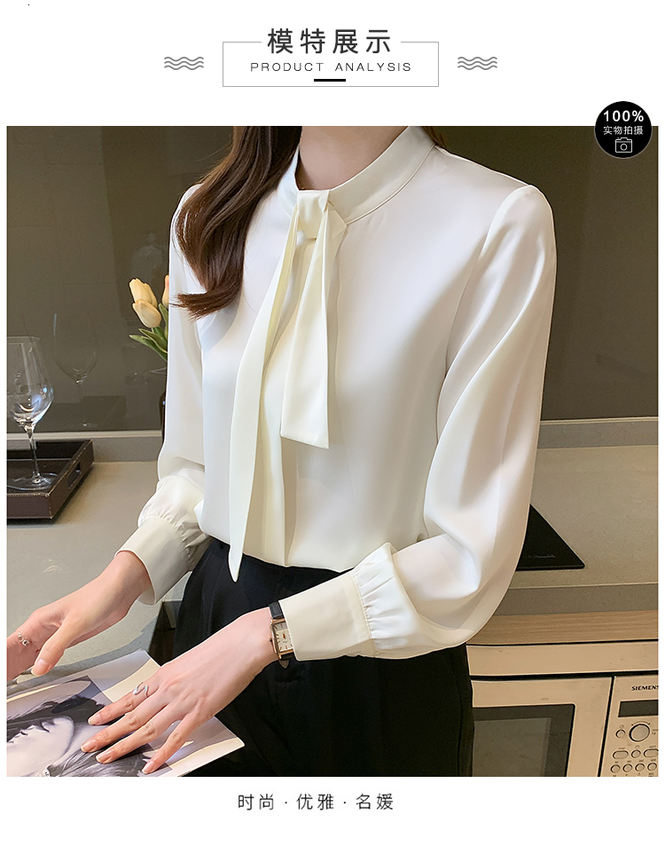 Womens Blouses Shirts Summer Shirt Women Blouse Long Sleeve Top Satin Casual Fashion Ribbon Bow Lady Clothing Movafag 230509