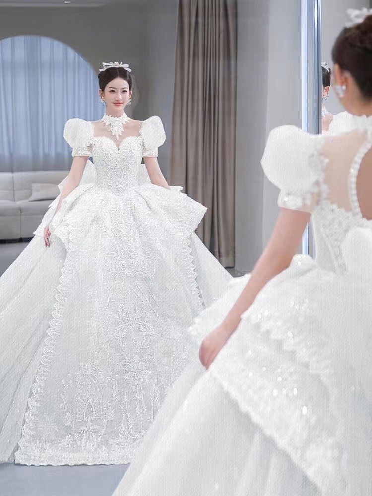 Dubai With Long Crystal Pearls Puffy Ball Gowns Robe De Mariee Wedding Dresses urious Lace Appliques Bridal Gown Custom Made