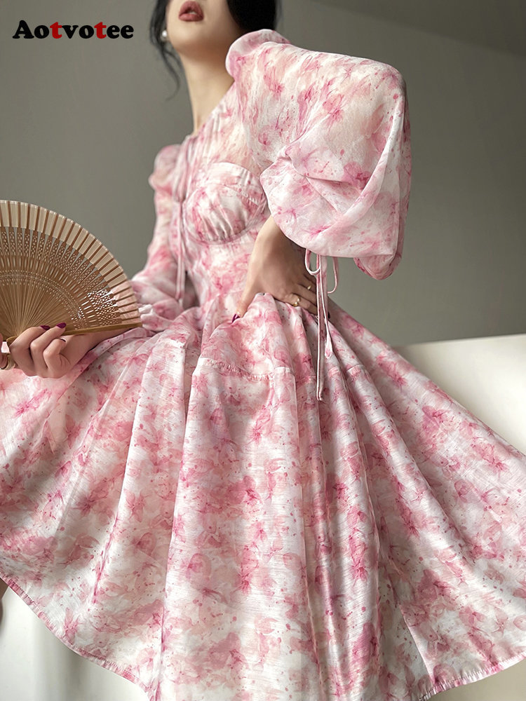 Party Dresses Floral Mini For Women High Wiasted French Style O Neck Long Sleeve A Line Casual 230508