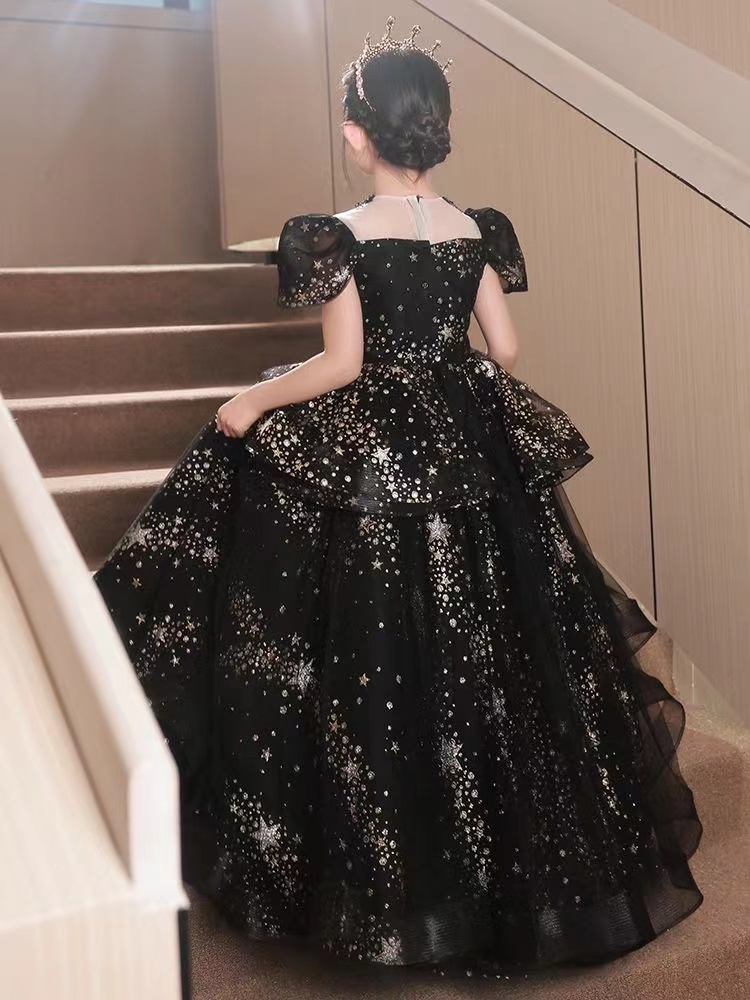 Ball Gown Girls Pageant Dresses Gold Black Crystal Necklace Princess Flower Girl Dress For Wedding Sequined First Holy Communion Toddler Party Gowns 4