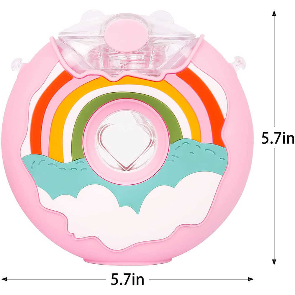 380ml Donut Water Bottle with Straw Bpa Free Leak Proof Sports Cups Toddler Drink Bottle with Shoulder Straps