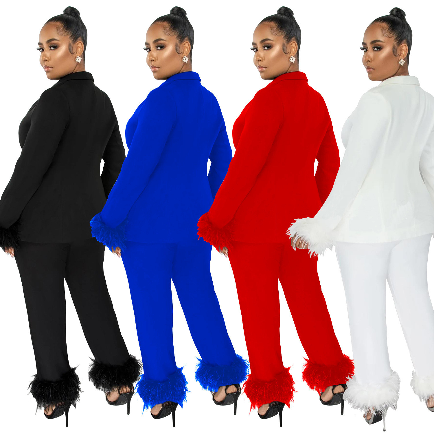 Women's Two Piece Pants Fashion Feather Blazer Set Women Solid Color Long Sleeve Coat Straight Suits Female Office Commute Suit 230314