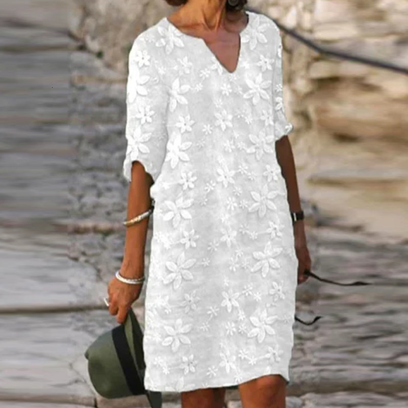 Casual Dresses Casual Solid Pullover Dresses Spring Cotton Linen Loose Medium Length Dress Retro Button Stand Collar Half Sleeve Dress 230509