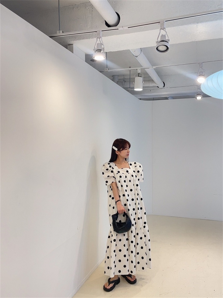 Casual Dresses Summer Fashion Women Puff Sleeve Polka Dot Dress Casual Office Loose Black Dress Korea Ladies Womens Pullover Long Print Dresses 230509
