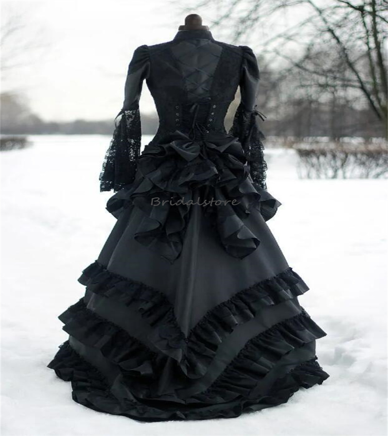 Gothic Black Wedding Dress 2023 Celtic Medieval Long Sleeve Queen Country Wedding Gowns Ruffles Lace Corset Cosplay Bride Party vestidos de novia robe