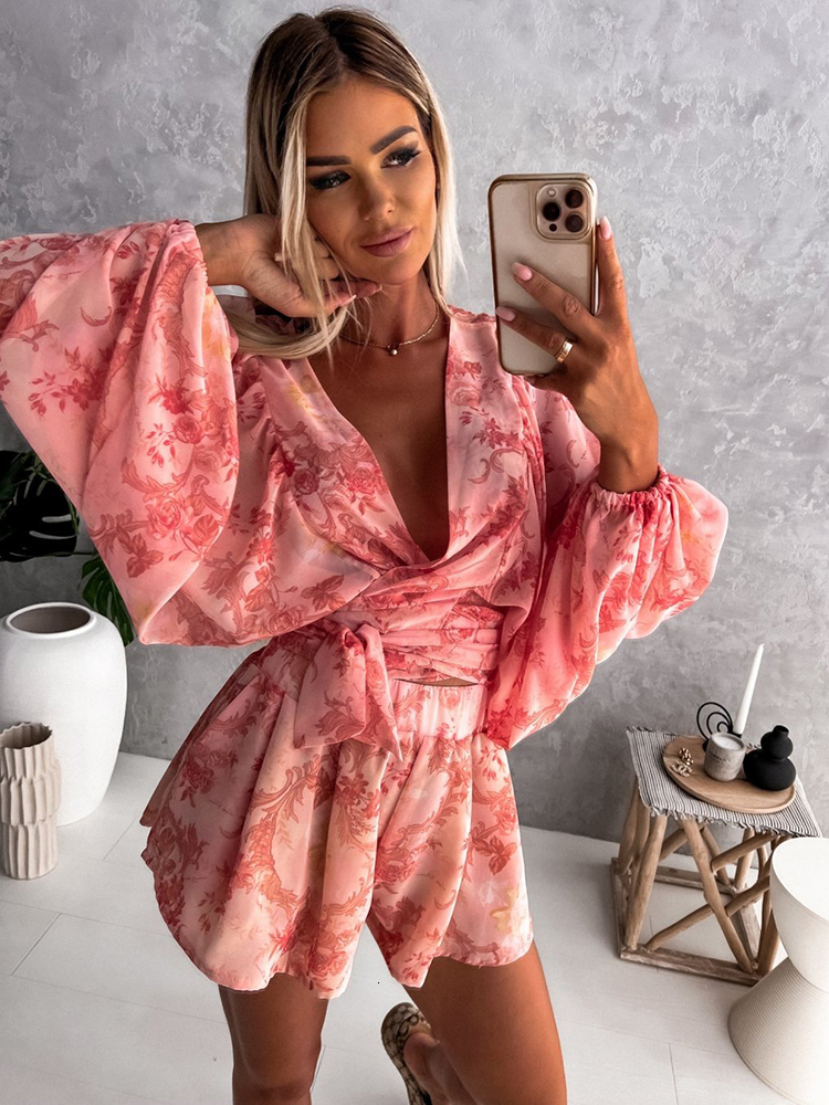 Women's Tracksuits Sexy Deep V Neck Jumpsuit For Women Summer Casual Boho Beach Vacation Outfit Fashion Print Lantern Sleeve Rompers Shorts Women