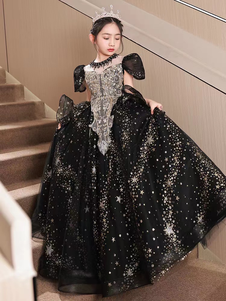 Ball Gown Girls Pageant Dresses Gold Black Crystal Necklace Princess Flower Girl Dress For Wedding Sequined First Holy Communion Toddler Party Gowns 4