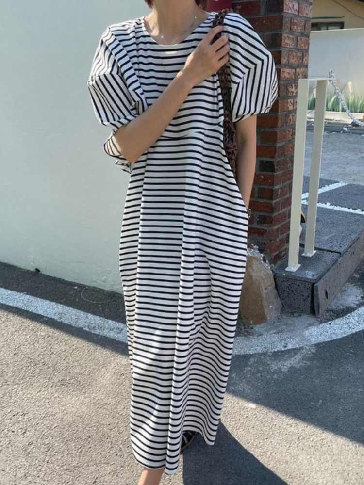 Casual Dresses Korejpaa Summer Elegant Dress Women Round Neck Striped Print Casual Dresses Female Short Puff Sleeve Korean Clothing 230509