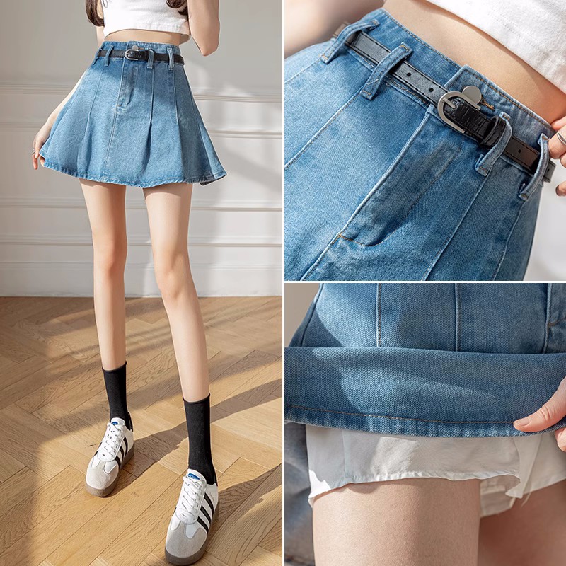 Womens high waist denim skirts pleated with belt sashes jeans skirt with safety shorts inside SMLXL
