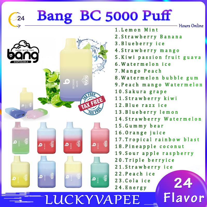 Original Bang BC 5000 Puff Disposable E Cigarette Vape Pen BOX 10ml Prefilled Cartridge Pod Device 650mAh rechargeable Battey
Original Bang BC 5000 Puff Disposable E Cigarette Vape Pen BOX 10ml Prefilled Cartridge Pod Device 650mAh rechargeable Battey
