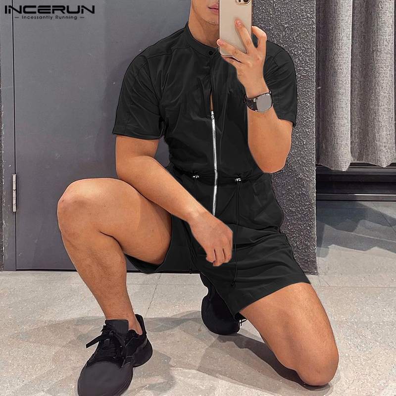 Men's Shorts Fashion Men Rompers Solid Stand Collar Short Sleeve Streetwear Drawstring Zipper Jumpsuits Men Cargo Overalls S-5XL INCERUN 230509