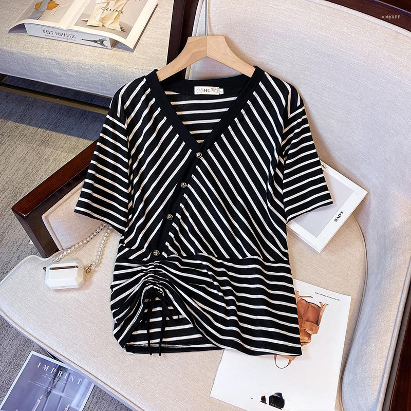 Women's T Shirts -4XL Large Size Drawstring Chic T-shirt Women Summer Loose V-neck Stripe Short-sleeve Top Fashion Korean Retro Shirring, Black
Women's T Shirts -4XL Large Size Drawstring Chic T-shirt Women Summer Loose V-neck Stripe Short-sleeve Top Fashion Korean Retro Shirring, Black